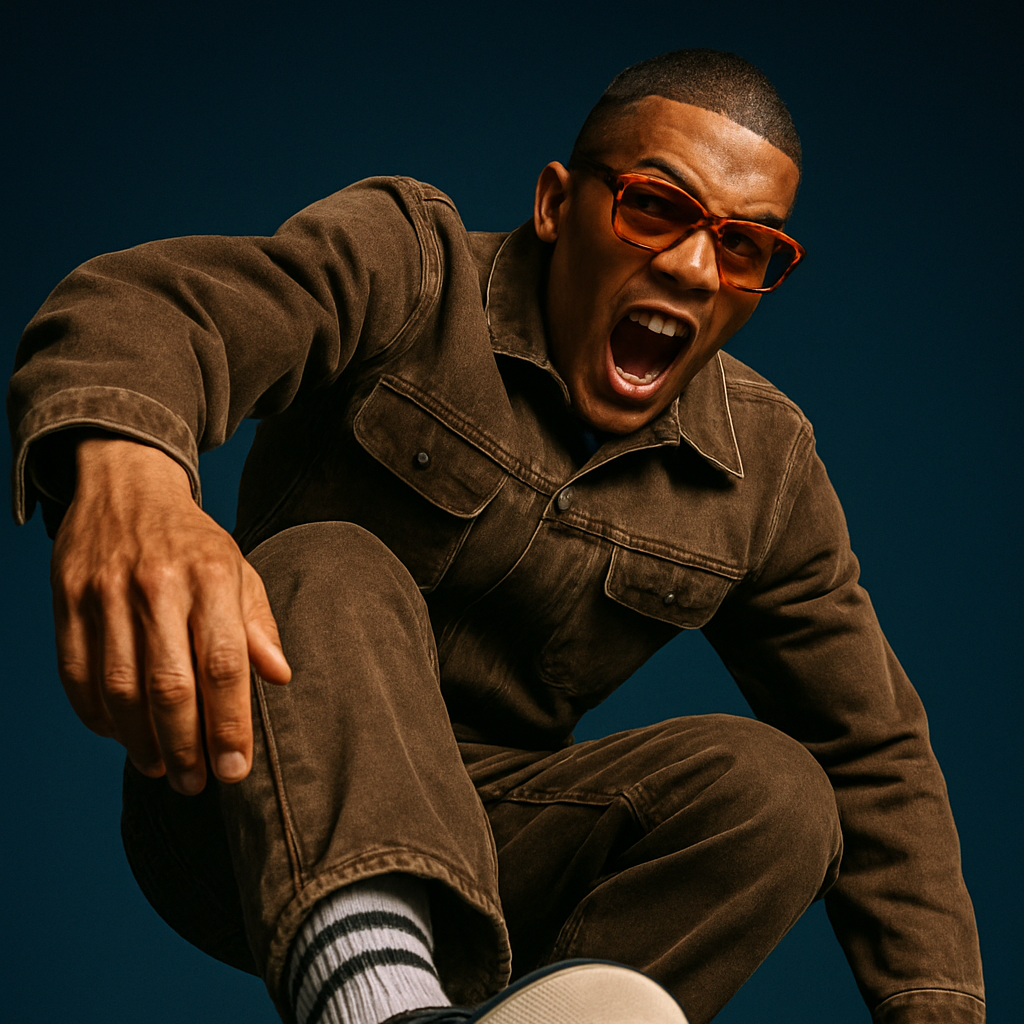 ragazzo nero che salta verso la fotocamera con una espressione affaticata e vestito in una tuta in jeans scuro